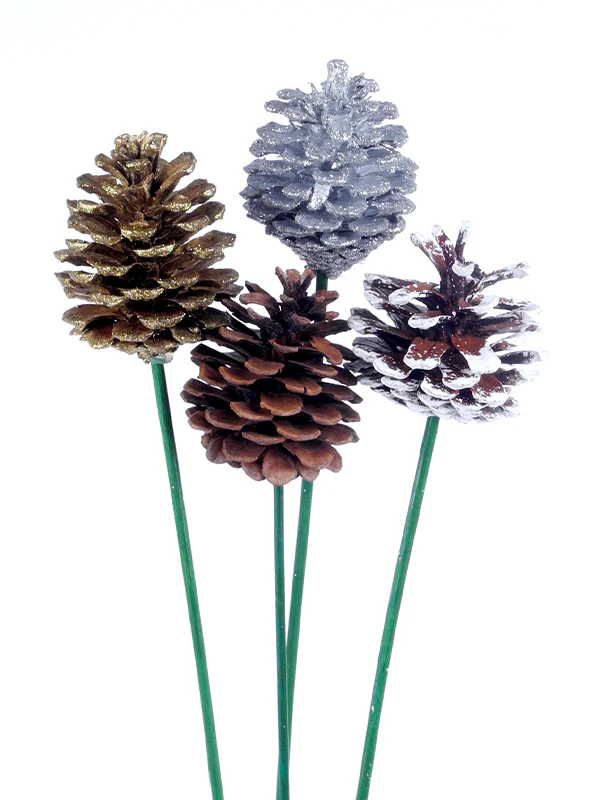 Pinecone Pick Kit – Seasonal Decorative Picks in 4 Colors (24 Pack)